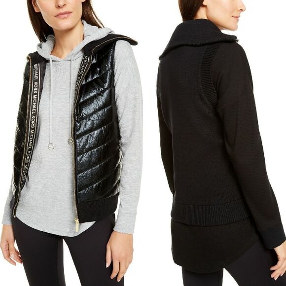 New! MICHAEL KORS Women's Puffer Vest Ribbed Sweater-Back Black Size XS - Picture 1 of 10